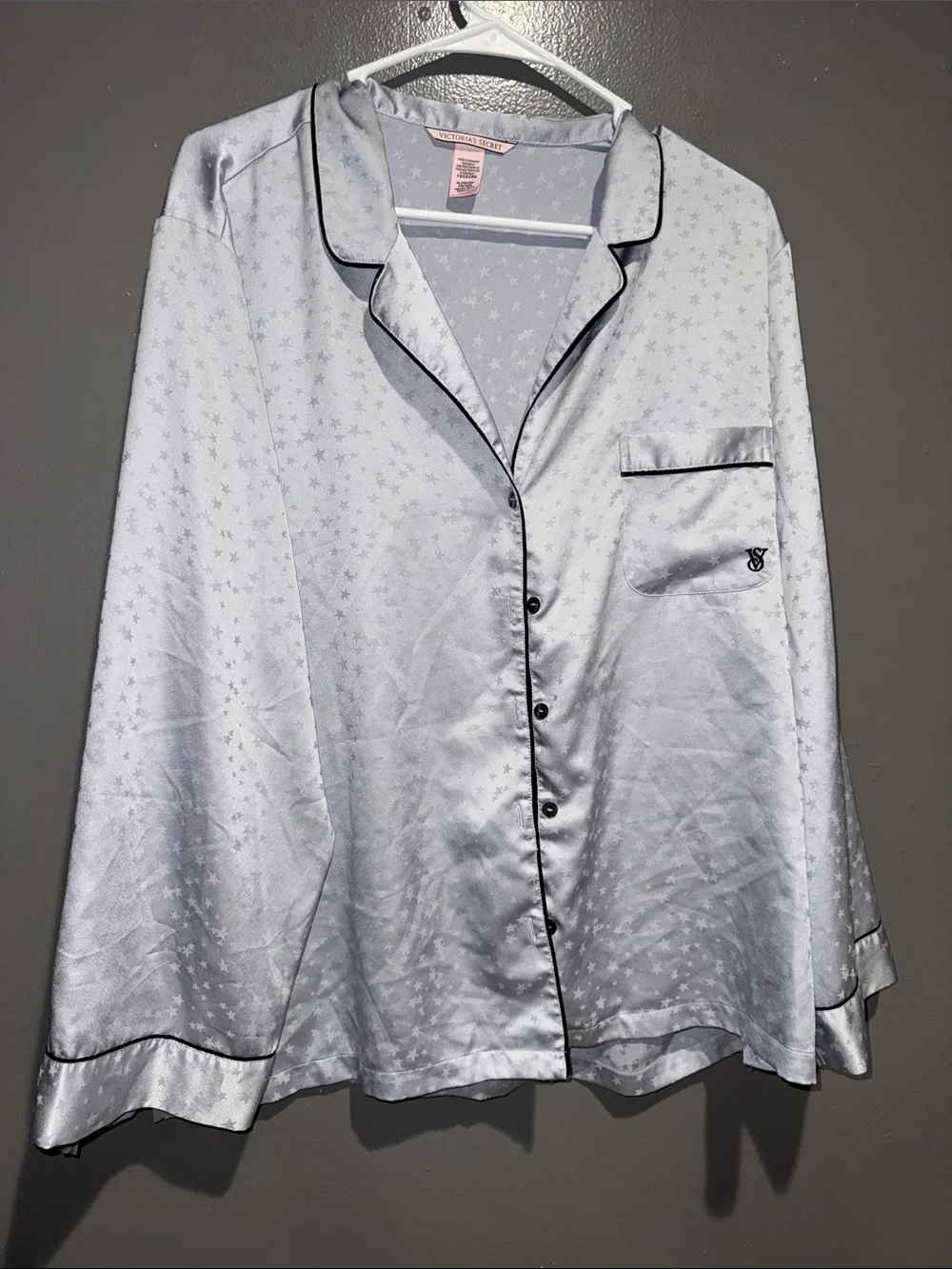 Victoria's Secret Pale Gray Satin Pajama Set with Black Trim